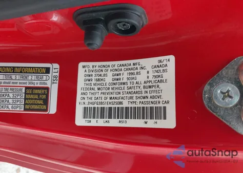 2014 Honda Civic Lx from USA, damaged, VIN 2HGFG3B51EH525086